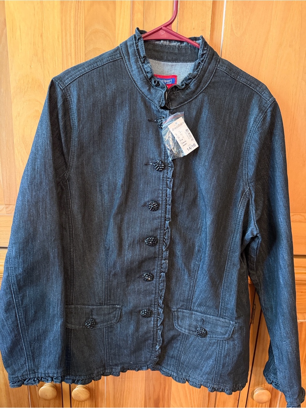 Westport Black Denim Button-Front Jacket /Ruffle Trim & Embellished Buttons